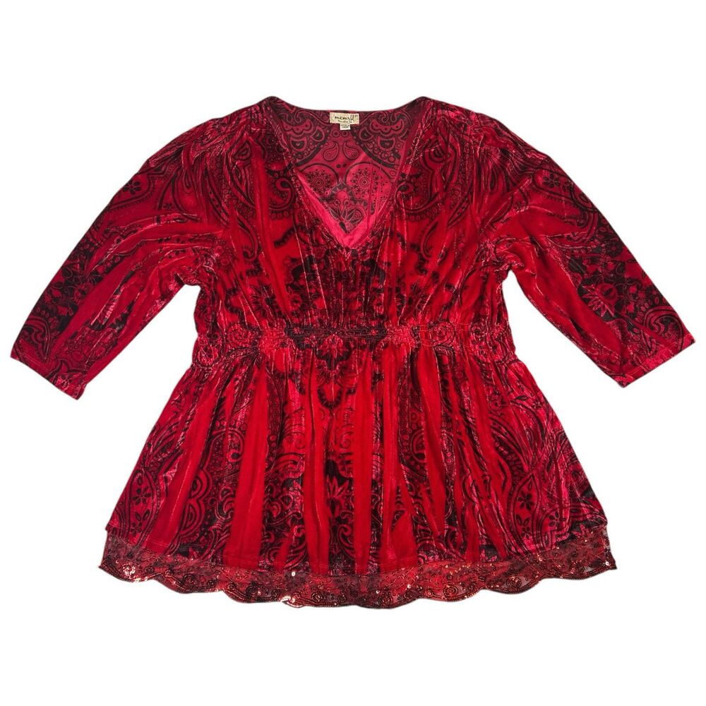 One World Red Velvet Top Womens Sz 2X Peasant Blouse Sequins Whimsigoth Romantic